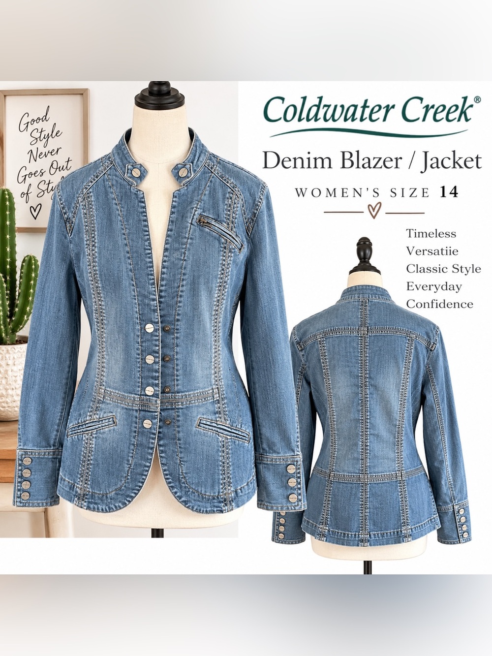 Coldwater Creek Denim Blazer Jacket Women’s 14 Stretch Paisley Lined